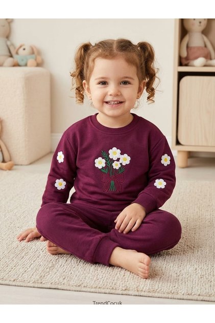 1-4 Years Old Girl's Daisy Embroidered 100% Cotton Top and Bottom Set
