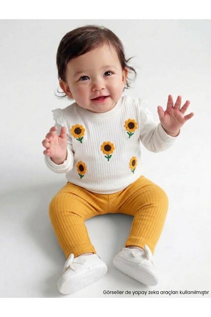 Baby Girl Seasonal 2-Piece Set Sunflower Patterned Long Sleeve Cotton Comfortable Daily Set - Mustard