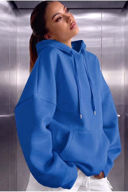 Kadın Mavi Düz Kapüşonlu Oversize 3 iplik Şardonlu Salaş Bol Kesim Hoodie Sweatshirt