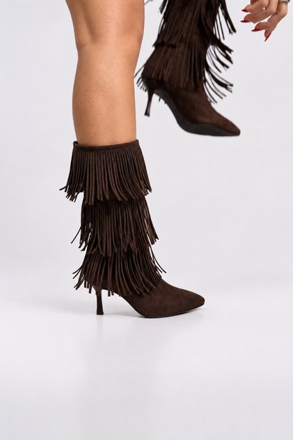 Kira - Women's Bitter Brown Tasseled Pointed Toe Thin Heeled Boots