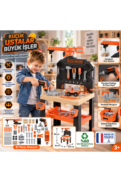 Black+Decker 87 Parça Çocuk Tamir Tezgahı Oyuncak Matkap Vinç Mengene ve Tamir Aletleri 3+ Yaş Made in France