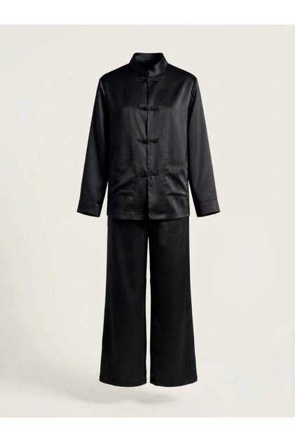 Women's Judge Collar Chinese Buttoned Jacket Shirt and Wide Leg Pants Two-Piece Satin Set
