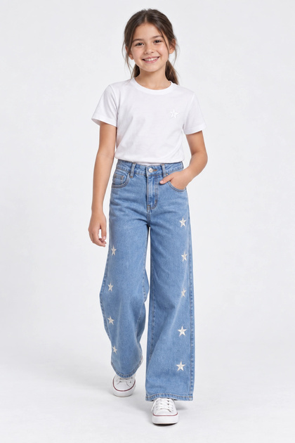 Girl's Star Embroidered Wide Leg Jeans - Light Blue High Waist Denim