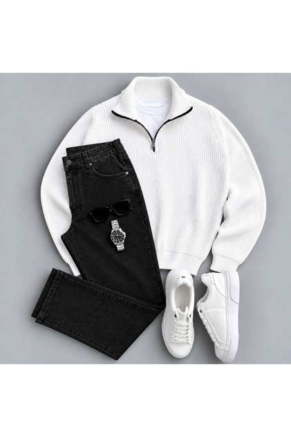 Knitted Sweater, Jeans, and T-Shirt 3-Piece Set Combination