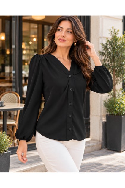 Timeless Elegance Women's V-Neck Button Front Shoulder Gathered Long Sleeve Crepe Blouse