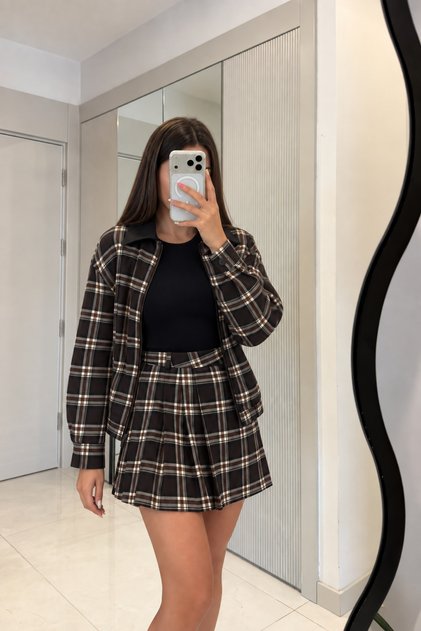 Licente Kahve Ekose Şort Etek Ceket Takım