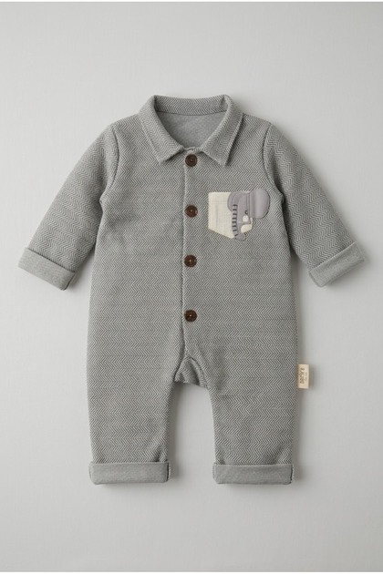 Baby Boy Elephant Patterned Polo Collar Buttoned Long Sleeve Jumpsuit