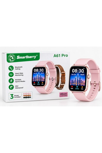 Smartbarry A61 Pro Smart Watch – 45mm Large Display, Bluetooth Calling 3 pairs straps