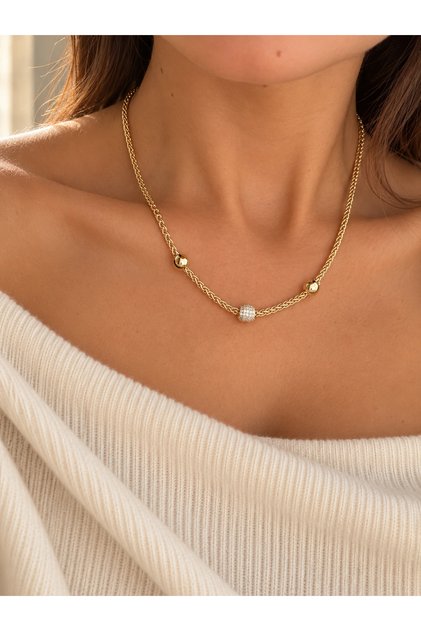 14K gold renk altın kaplama ortası full top taş iki yanı düz top detaylı şık kolye