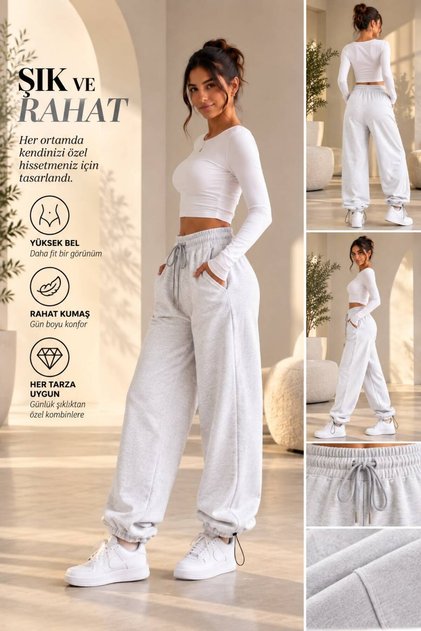 Kadın Yüksek Bel Oversize Jogger Eşofman Altı – Rahat Kesim, Bilekte Lastikli, Yumuşak Kumaş 3 iplik şardonlu pantolon
