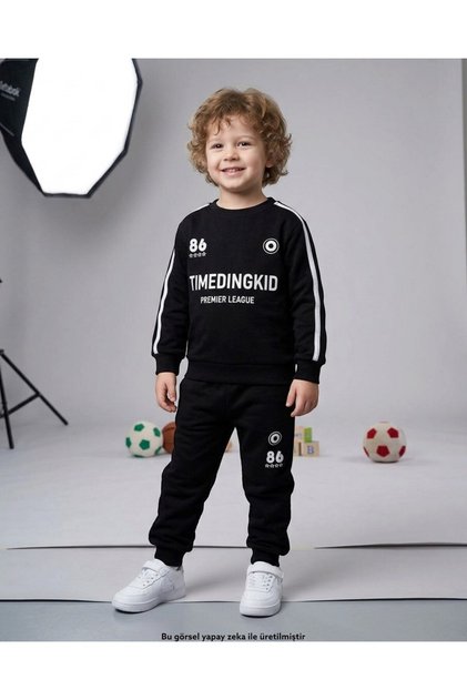 Boys' Winter 3-Strand Ribbed Double Layer Sweatshirt and Bottom Sweatpants Set for Ages 6-7-8-9-10-11-12-13-14