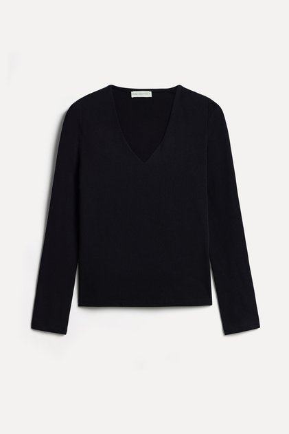 Women's Black Fitted V-Neck Long Sleeve T-Shirt