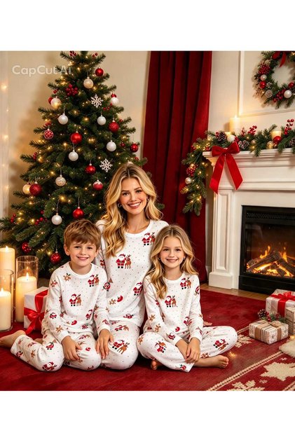 Mother Daughter White Color Crew Neck Christmas Patterned Pajama Set Thermal Ultra Soft Fabric (Sold Separately)