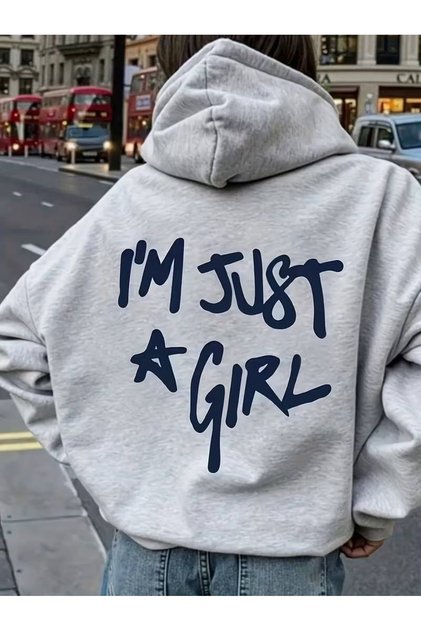 Women's I'M Just a Girl Written Back Printed Premium Hooded 2 Thread Oversize Sweatshirt