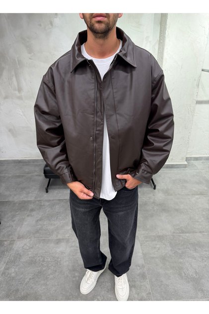 Brown Button Detail Bomber Leather Jacket