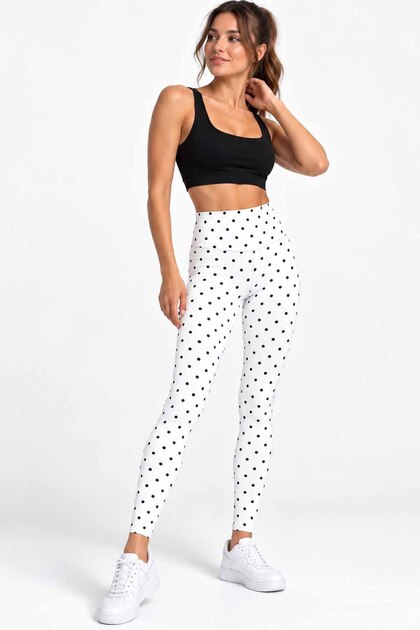 Women's Polka Dot White Sports Leggings High Waist Stretchy Full Length Fitness Pilates Leggings