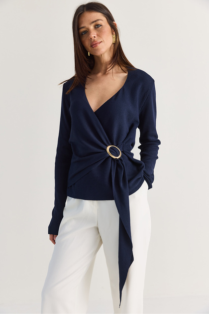 Women's Navy Blue V-Neck Waist Buckle Tie Detailed Flowy Mercerized Long Sleeve Blouse Th261086 60286589