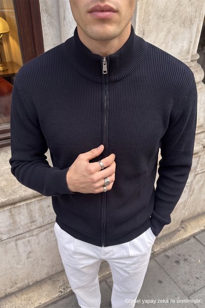 Kayes Corduroy Stand Collar Zippered Regular Fit Men's Knitwear Cardigan