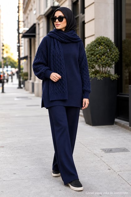 Knitted Sweater Set with Scarf Navy Blue Hm2960