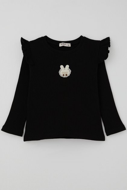 Girl's Long Sleeve T-Shirt with Rabbit Appliqué and Ruffles, Ages 2-6, Black