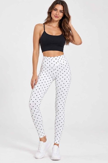 Women's White Black Polka Dot High Waist Full Length Sport Leggings Pilates Yoga Fitness Casual Leggings