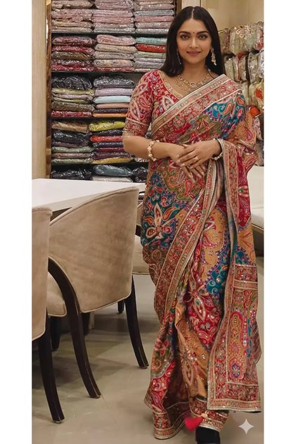 Pure Chinon Silk Designer Patchwork Printed Saree with Handwork Mirror Embroidery-FALL & PICO STITCHED & Unstitched Blouse Piece – Multicolor Floral & Geometric Festive Partywear Saree