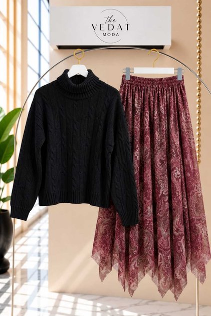Women's High-Neck Sweater Detailed Tulle Skirt Set -0620