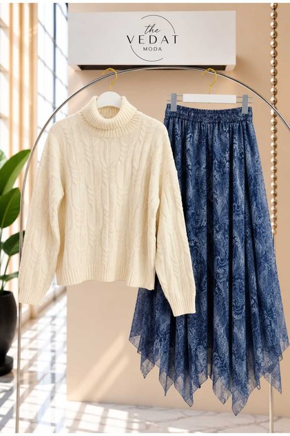 Women's High-Neck Sweater Detailed Tulle Skirt Set -0620