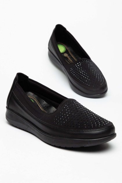 Orthopedic Women's Casual Shoes Black Genuine Leather Inside with Fine Stone Detail