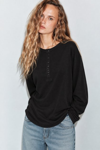 Black Buttoned Long Sleeve Basic T-Shirt 2664