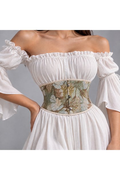 Bej/Açık Yeşil Çok Renkli Çiçek Desenli Vintage Bel Korsesi
