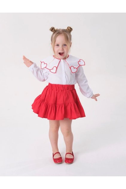 Girl's Heart-Shaped Shirt and Red Skirt Set