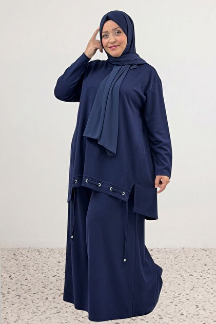 67083 Plus Size Modal Trousers Suit with Bird's Eye Hem and Piping Detail - Navy Blue