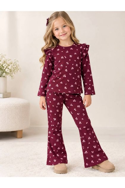Girl's Burgundy Floral Patterned Ruffled Ribbed Camisole Top and Bottom Set