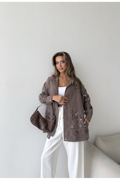 Women's Front Sleeves with Bead Embroidery Tansel Fabric Bambir Ceken Pant Suit