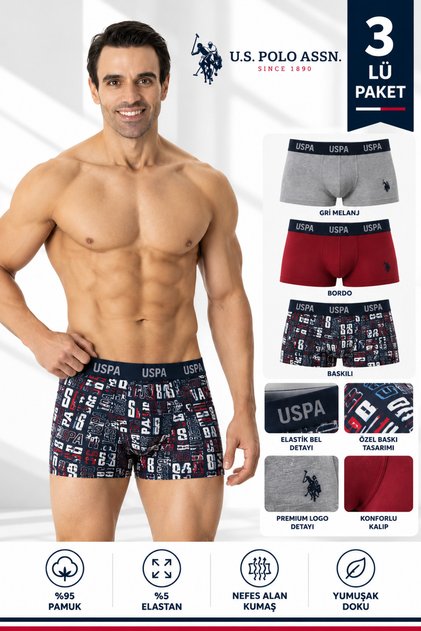 Men'S, Licensed, Uspa, Flexible Waistband, Boxer Briefs, Navy Blue Burgundy Printed, Comfort, Set of 3