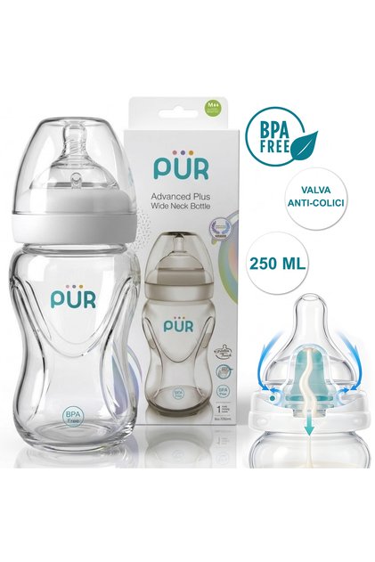 PUR ®   Biberon Advanced Plus cu gât larg 250ml, Anti-colici, Tetină moale din silicon, Ergonomic, Fără BPA, Sigur