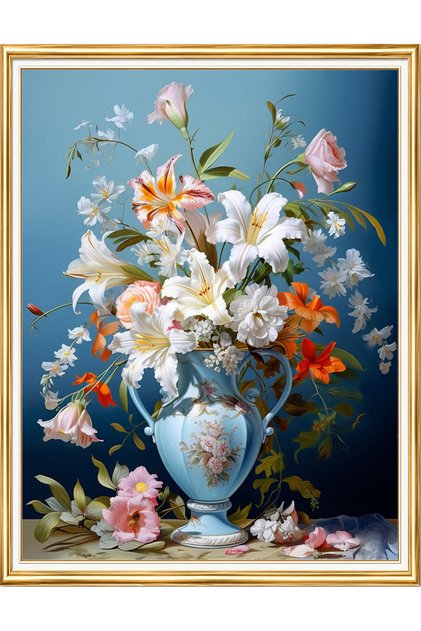 Diamond painting puzzle kit, lilies in a blue porcelain vase 40x50 cm mosaic