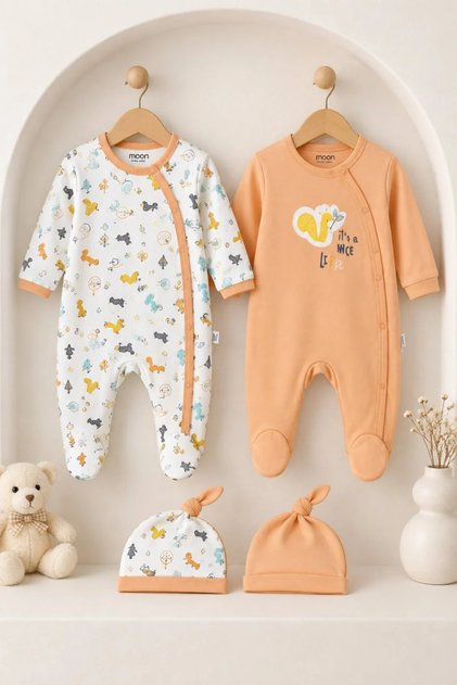 2-Piece Baby Romper Set with Squirrel Patterned Hat and Booties – 4 Pieces