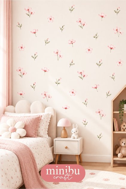 Pink Wild Flowers and Leaves 54 Piece Baby Kids Room Wall Sticker Set Mnb-101