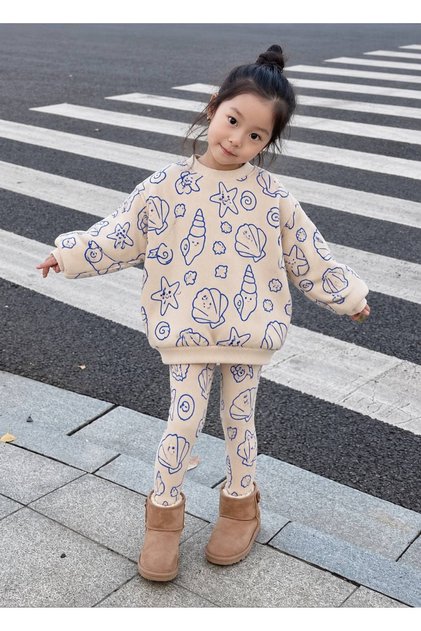 Kzi Children's 3-Ply Cotton Sea Shell Printed Sweatshirt with Leggings Set