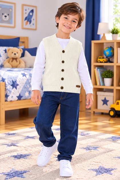 Ss Gi̇yi̇m Boys' Knitted Sweater Vest – Buttoned V-Neck Sweater