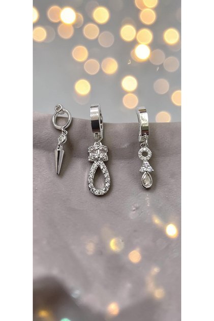 Silver Color Drop Zircon Stone, Triangle and Cone Charm Steel Earring Set - Tarnish Resistant