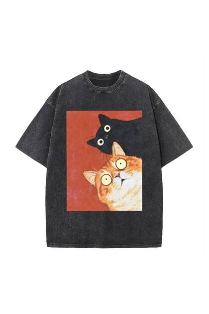 Tricou cu imprimeu Washed Vintage Black Oversize Confused Cats, lavabil