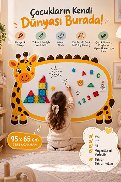 Manyetik Çocuk Panosu Yazı Tahtası 95x65 cm | Yaz Sil Tahta | Magnet ve Manyetik Blok Tutucu Aktivite Panosu