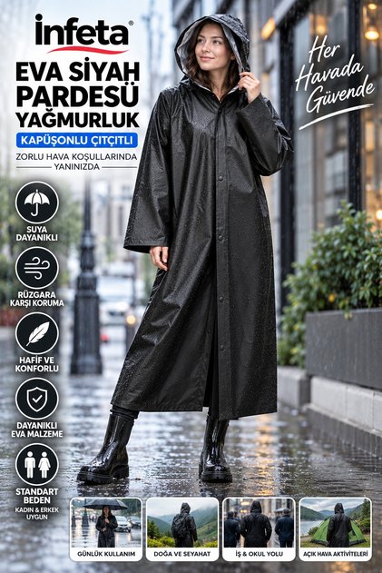 Black Eva Raincoat Standard Size with Hood and Snap Fasteners Water and Wind Resistant