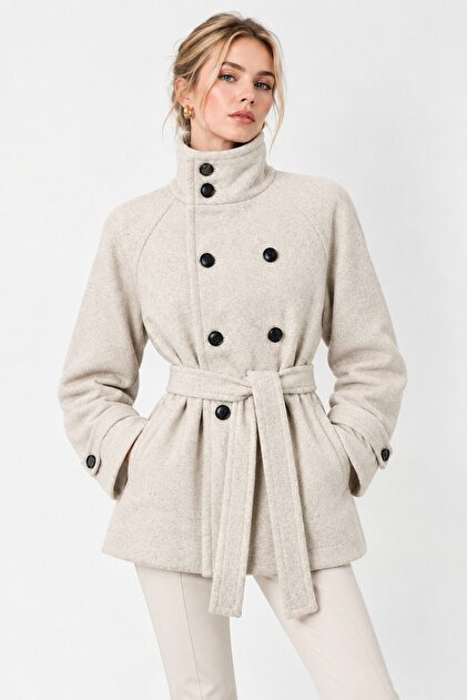 Vintage Zr Women's Stand Collar Belted Short Lined Comfortable Fit Ecru Cashmere Coat