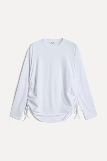 Kadın Kırık Beyaz Pamuklu Uzun Kollu Bisiklet Yaka T-Shirt