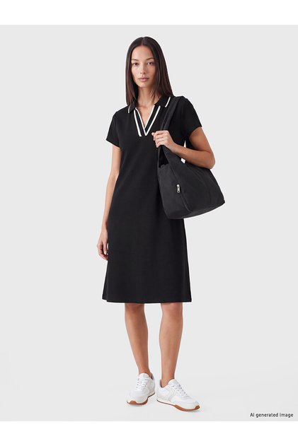 Two Mt Shop Quality Lcw Everyday Black Diving Fabric Plain Standard & Regular Polo Collar Midi Dress