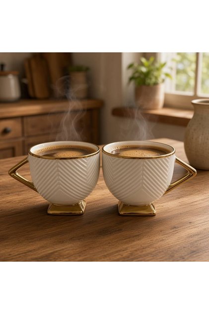 2-Piece Porcelain Mug Set with Gold Detail Tea and Coffee Cup Set